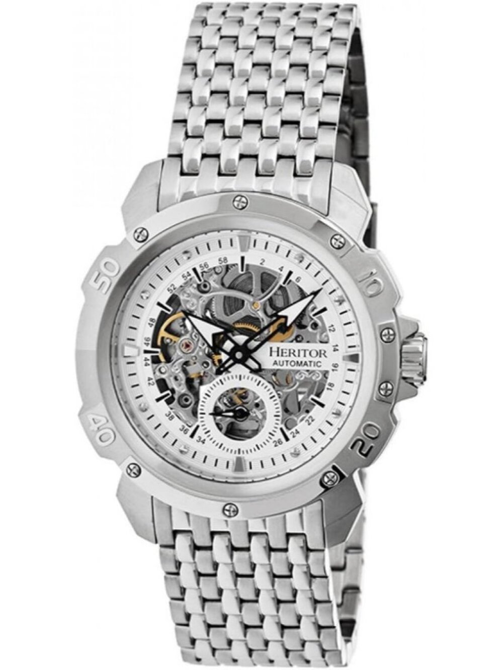 Men's Silver Skeleton Automatic Movement Stainless Steel Strap Crystal Watches